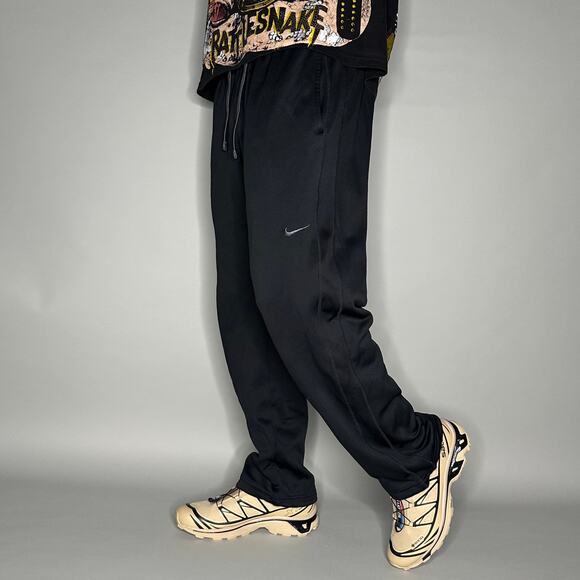 Nike Sweatpants Jet Black Polyester Grey Swoosh Baggy Wide Leg Therma Fit